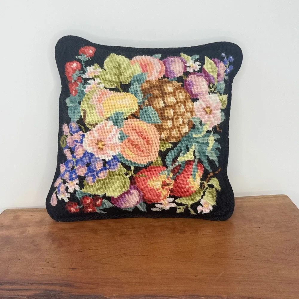 Vintage Fruit Floral Needlepoint Throw Pillow Black Wool Accent 10.5in Square
